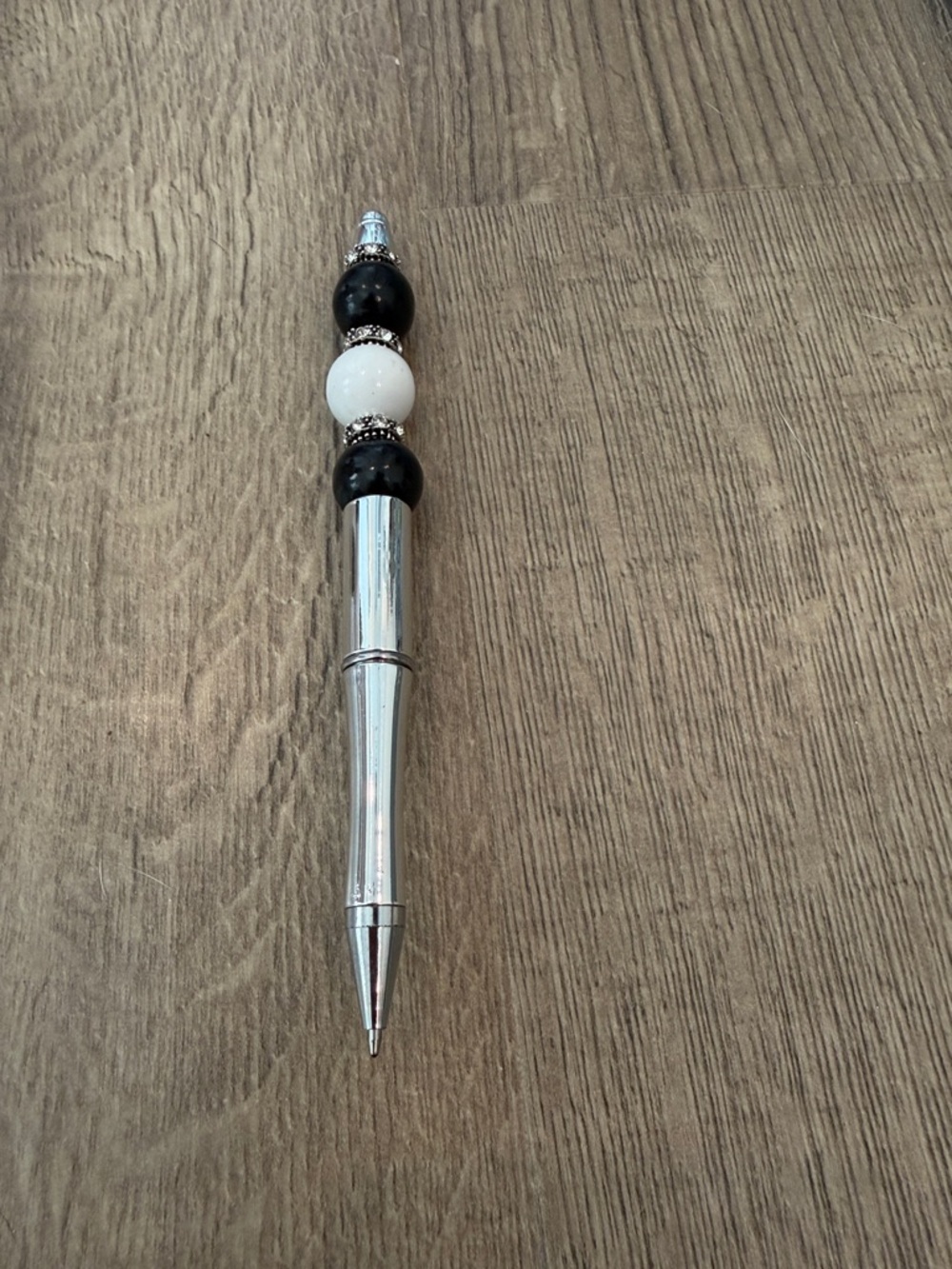 Hand Crafted Black and White Beaded Silver Pen - Home Office Notebook Accessory